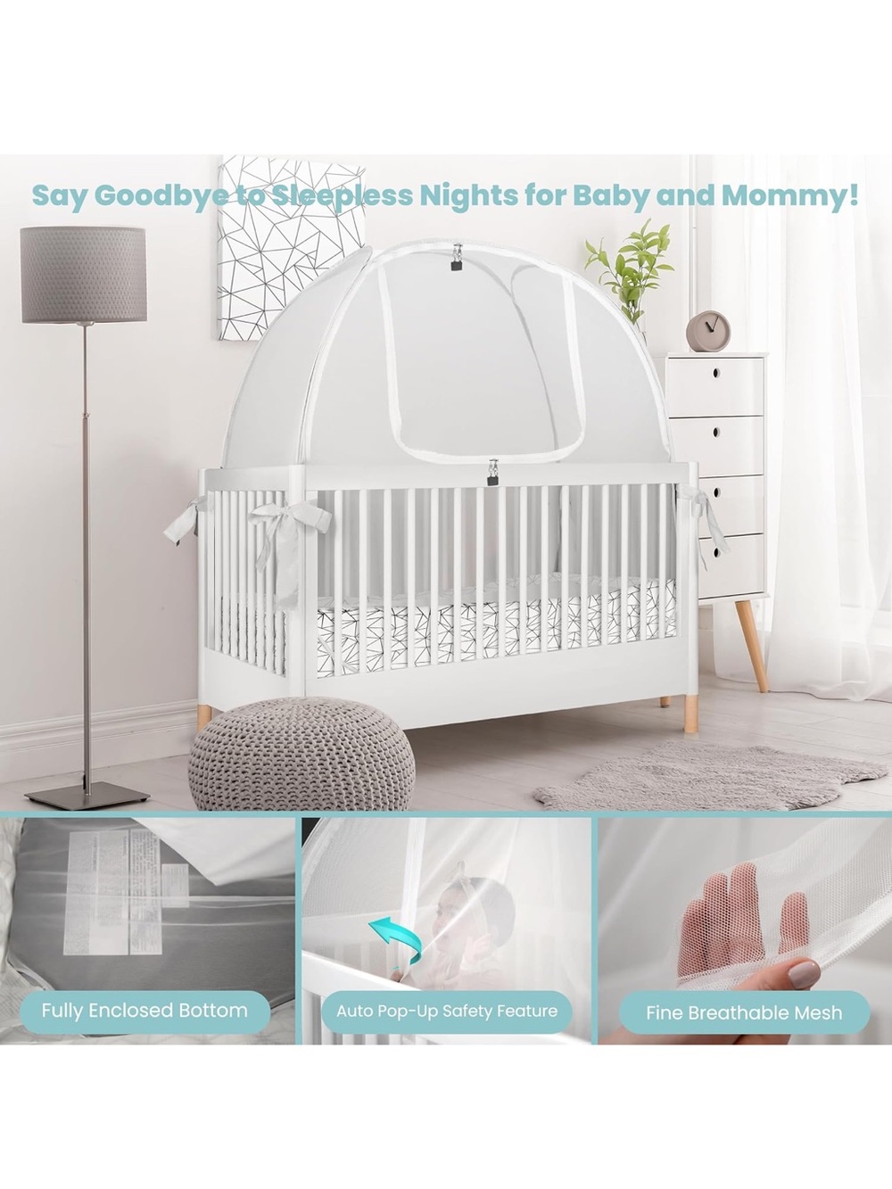 White Baby Crib Mosquito Net Canopy with Auto Pop-Up